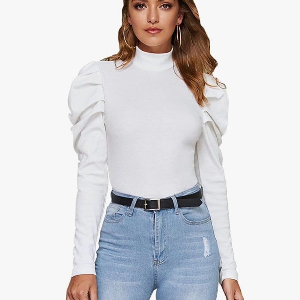 Shein Women's Elegant Puff Sleeve Mock Neck Top - Picture 3 of 5